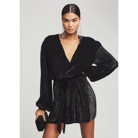 Retrofete Dresses & Skirts - NWT Retrofete Gabrielle Embellished Robe Mini Dress Size S Black VNeck Tie Waist